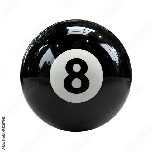 A close up of a glossy transparent eight ball with white number on a transparent background in high resolution