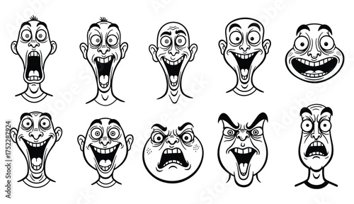Ten black and white cartoon faces with exaggerated expressions and open mouths illustration drawing