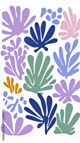 Matisse Inspired Abstract Floral Linocut Print with Pastel Purple Sage Navy Blue Flowers and Leaves Vector Illustration on White Background Modern Minimalist Botanical Art Poster Design