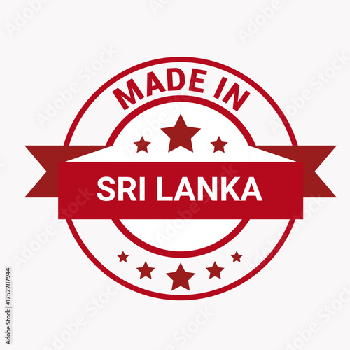 Vector art of a vibrant red and white circular badge proudly proclaiming made in sri lanka, adorned with stars, , symbolizing quality and origin in a simple yet elegant design