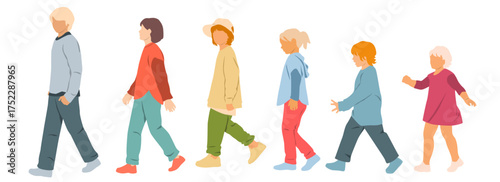 Group of children different ages walk, silhouettes boys and girls, side view, profile, vector, different colors, flat icon design concept, isolated on white background