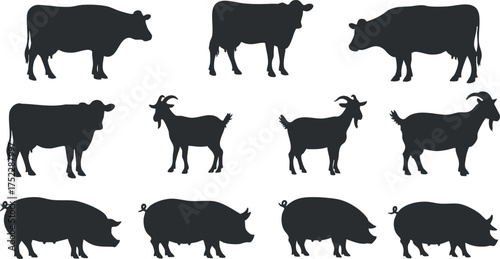 Silhouettes of various farm animals including cows, goats, and pigs on a white background.