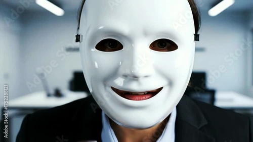 A worried woman hides her true feelings behind a smiling emotionless white mask symbolizing corporate pressure mental health and imposter syndrome.