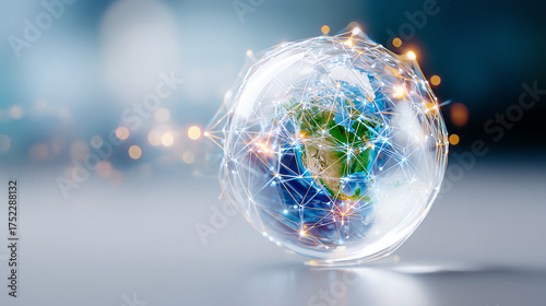 A digital globe interconnected with glowing lines representing global connectivity and technology advancements.