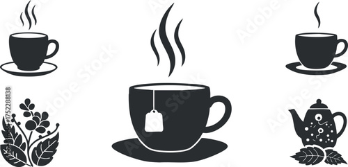 A collection of silhouettes featuring cups of tea and coffee with steam and botanical elements.