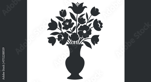 A black silhouette of a flower vase filled with various blooming flowers and leaves.
