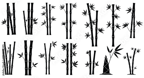 A collection of stylized black and white bamboo stalks with leaves