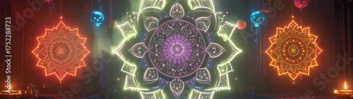 Festival neon lotus mandala glowing light background.