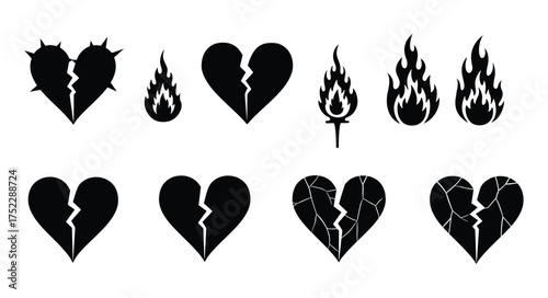 A series of black heart icons depicting stages of heartbreak and renewal