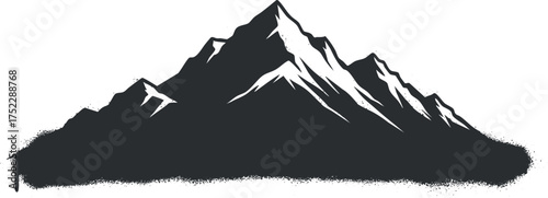 Stylized silhouette of a majestic mountain range with snow-capped peaks and rugged terrain.