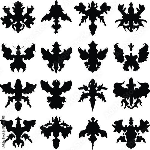 Grid of twelve rorschach inkblot tests silhouette isolated on white background