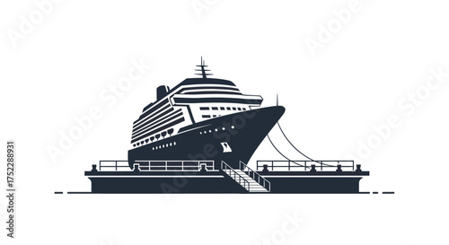 Large Passenger Cruise Ship Docked at Port Front View Silhouette.