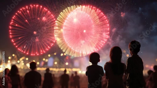 A crowd watches brilliant fireworks explode in the night sky, three children in foreground