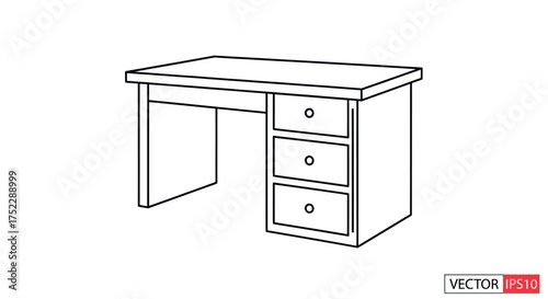 A simple black and white line art illustration of a wooden office desk with three drawers.