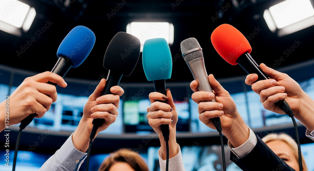 Fototapeta premium Hands holding microphones in a tv studio, representing media, press conference, or public speaking event in broadcasting