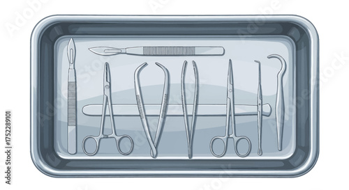 Surgical Instruments Arranged in a Metal Tray.