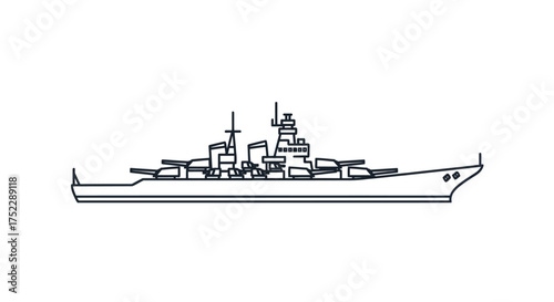 Line art illustration of a battleship with guns and radar equipment.