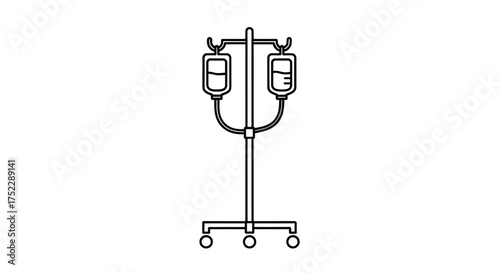 Wheeled IV pole with two hanging infusion bags a minimalist black line art medical icon.