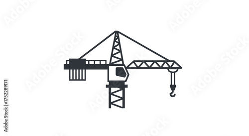Black Outline Construction Crane Icon on White Background.