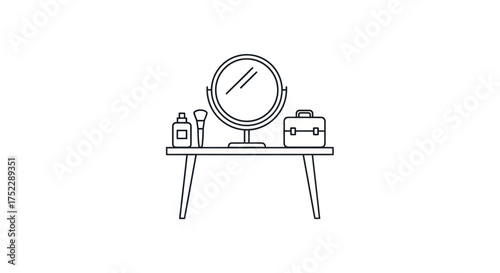 Minimalist Line Art of a Vanity Table with Makeup Accessories.