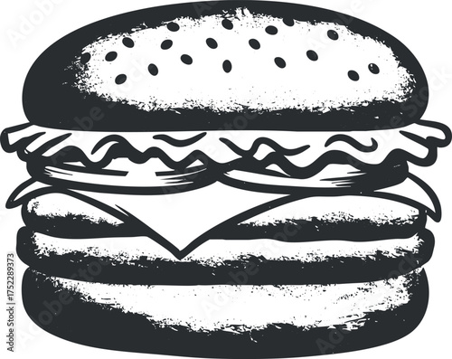 A classic burger illustration with layers of cheese, lettuce and sesame seed bun.