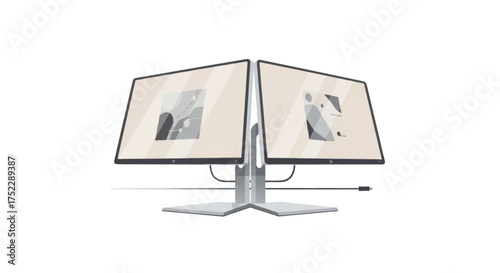 Dual Monitor Setup with Silver Stand and Black Bezels Displaying Images.