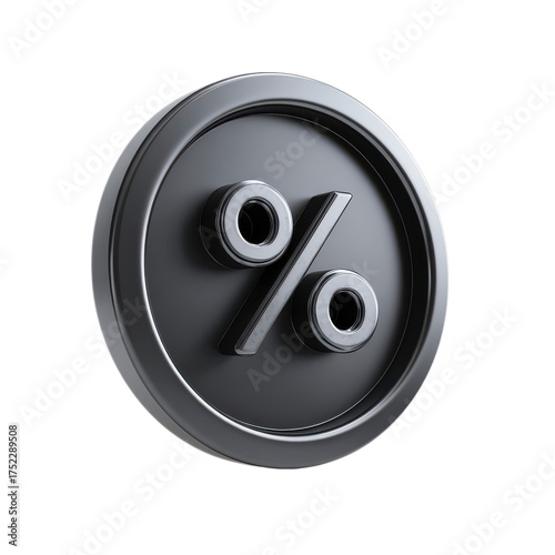 A metallic coin with a percentage sign on it against a transparent background in a close up view