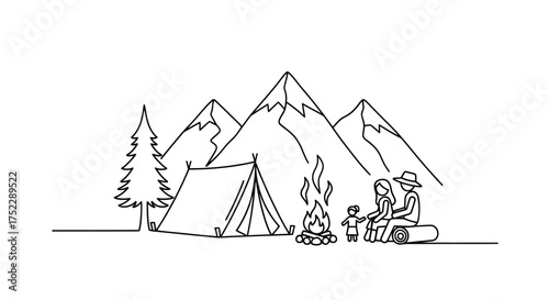Simple Line Art Depicting Family Camping in Mountains.