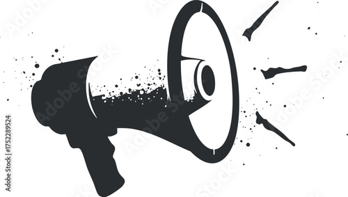 A stylized megaphone illustration representing communication and public announcements with sound effects.