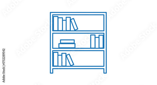 Blue Outline of a Bookshelf with Books on Three Shelves.