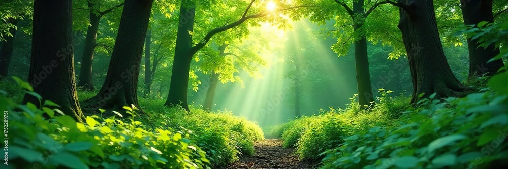 Fototapeta premium Tranquil Dappled Sunlight Filtering Through Lush Green Forest Canopy, Creating a Serene and Peaceful Atmosphere Perfect for Nature, Ecology, and Environmental Themes
