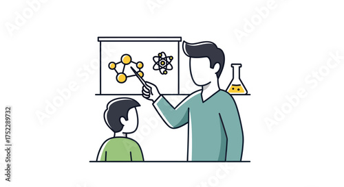 Teacher explaining molecular structures to a student in a classroom setting.