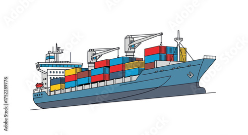 Large blue cargo ship loaded with colorful shipping containers at sea.