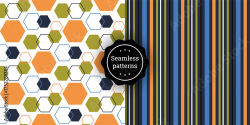 Set of seamless geometric patterns with hexagons and stripes in modern retro colors. Repeating abstract backgrounds for fabric, wallpaper, wrapping paper, textile design, and digital projects.