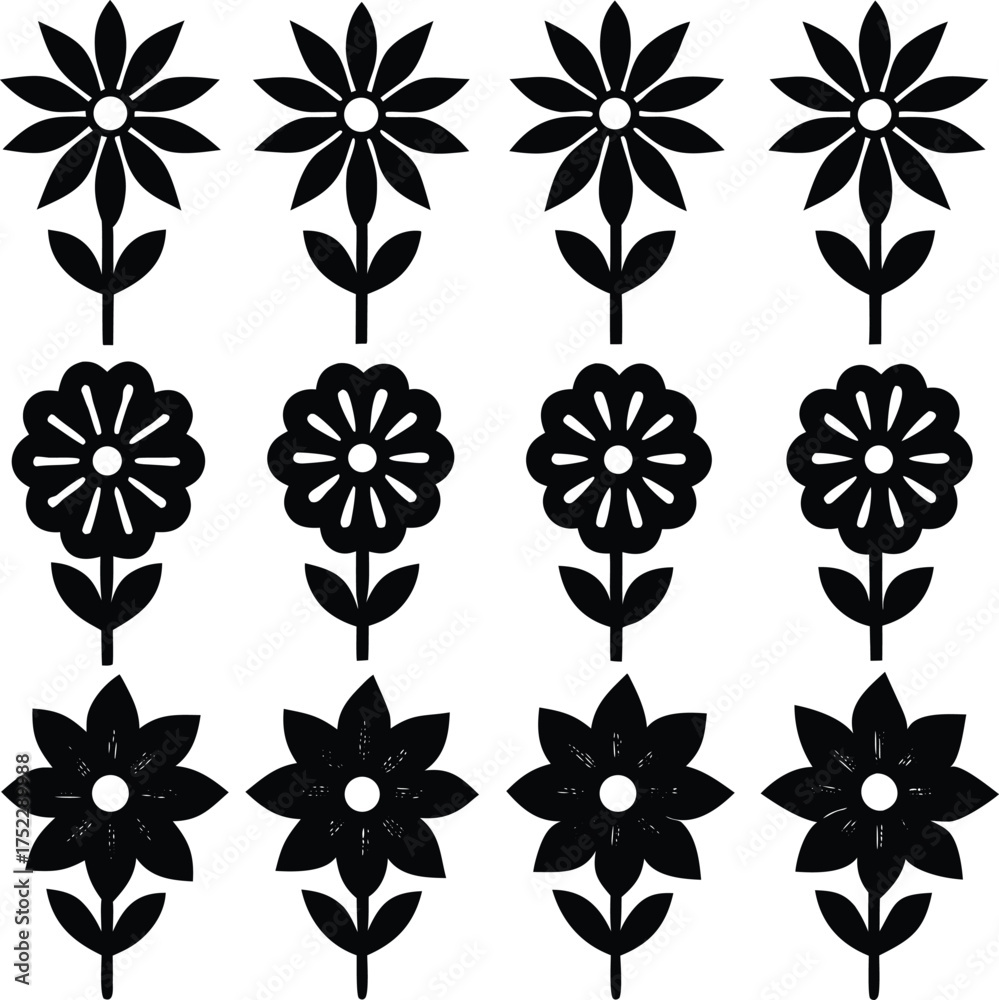 Obraz premium Collection of fifteen stylized black floral motifs silhouette isolated on white background