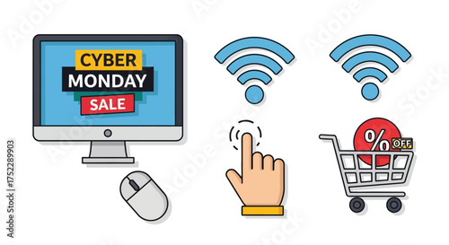 Cyber Monday Sale Icons with Shopping Cart, Wifi and Computer