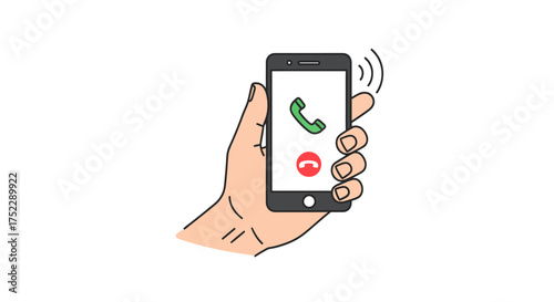 Hand holding a ringing smartphone with call accept and decline icons on the screen.