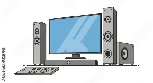 A complete home theater system illustration with a flat-screen TV tower speakers soundbar subwoofer and remote control.