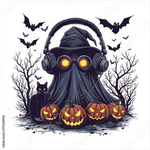 Spooky Halloween Ghost DJ with Jack O Lanterns Black Cat and Bats