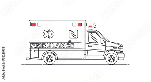 Detailed Line Art Illustration of a Modern Ambulance Vehicle.