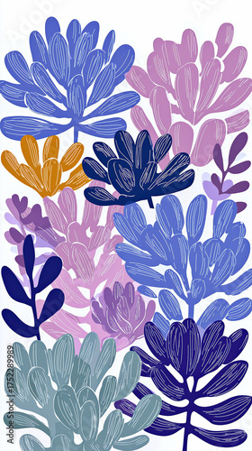 Matisse Inspired Abstract Floral Linocut Print with Pastel Purple Sage Navy Blue Flowers and Leaves Vector Illustration on White Background Modern Minimalist Botanical Art Poster Design
