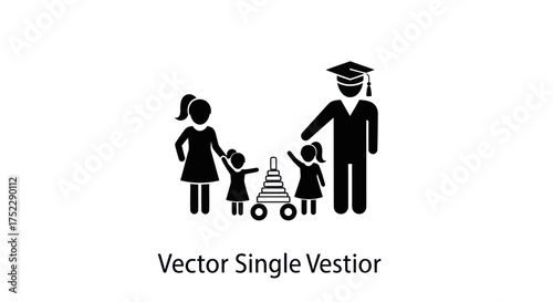 Educated father in a graduation cap with his wife two daughters and a stacking ring toy icon.