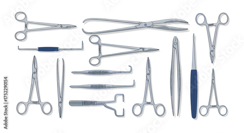 A realistic collection of various stainless steel surgical instruments for medical procedures.