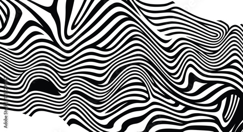 Abstract wavy line distortion pattern, black and white fluid optical illusion background, modern geometric flow design, minimal vector texture illustration