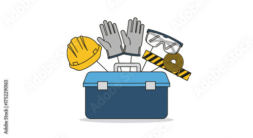 Construction Safety Gear: Hard Hat Gloves Goggles and Tape Measure in a Blue Toolbox.
