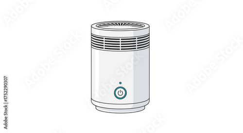 A modern white cylindrical air purifier illustration with a green illuminated power button.