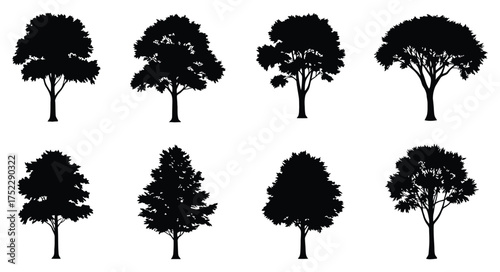Collection of various tree silhouettes against a plain white background