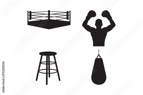 Boxing icons silhouette collection featuring ring fighter stool and punching bag