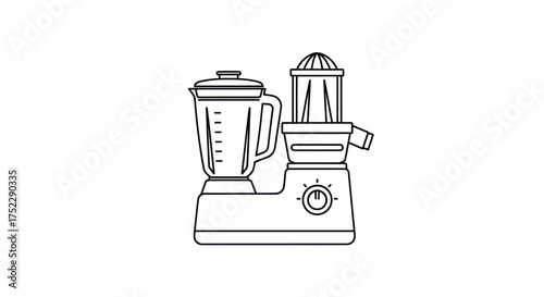 Line art illustration of a kitchen appliance with blender and juicer attachments.