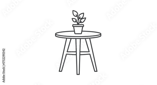 Minimalist line art of a potted plant on a round side table.